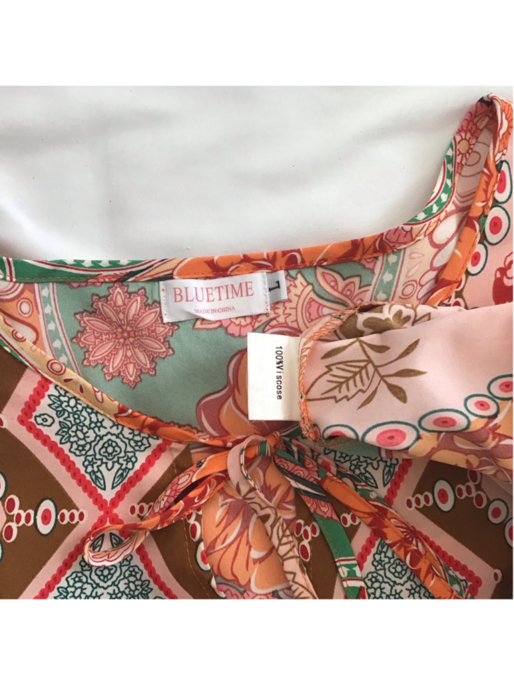 BLUETIME Women Fun Long Sleeve Dress Size M Orange Green Paisley Floral SZ L - Picture 8 of 8